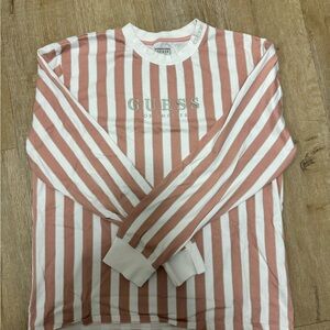 Guess Pink and White Striped Crewneck